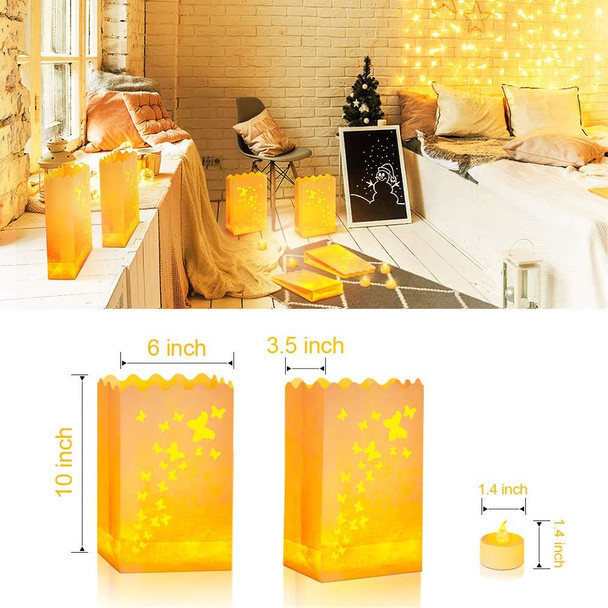 50 PCS Butterfly Luminary Bags & 50 PCS Battery Tea Lights, White Luminary Bags with Flameless Candles, LED Lamp Holiday Flameless LED Tealight for Outdoor Christmas Thanksgiving Decorations