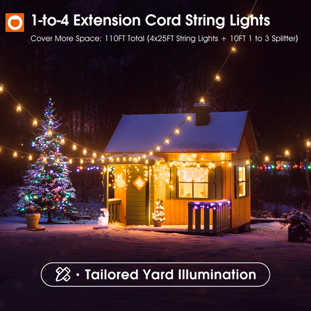 addlon 1-to-4 Extension Cord String Lights - 110FT Total (4x25FT String Lights + 10FT), 52 ST38 LED Vintage Bulbs, Single Plug for Easy Setup, Outdoor Christmas Lights for House Backyard Garden Tree