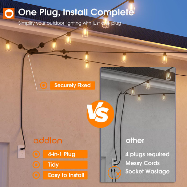 addlon 1-to-4 Extension Cord String Lights - 110FT Total (4x25FT String Lights + 10FT), 52 ST38 LED Vintage Bulbs, Single Plug for Easy Setup, Outdoor Christmas Lights for House Backyard Garden Tree