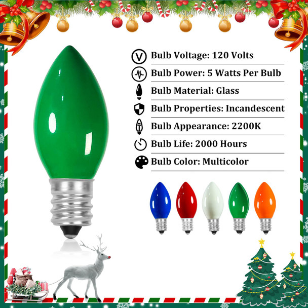 Christmas Lights Bulbs Multicolor, 25 Pack C7 Multicolor Replancement Bulbs, C7 Vintage Ceramic String Light Replacement Bulbs, E12 Candelabra Base, 5 Watt
