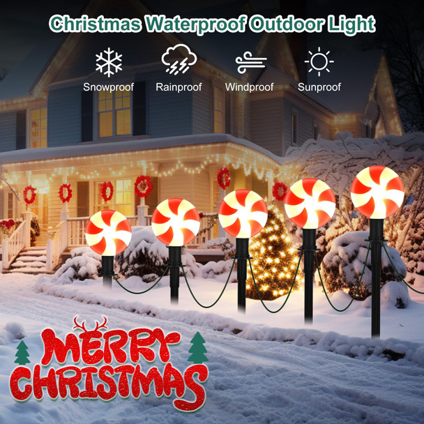 C9 Christmas Pathway Lights Outdoor - 7FT Christmas String Light with 4 Lollipop LED Marker Lights, Red and White Christmas Candy Landscape Lights for Garden Lawn Party Decor - 2 Pack