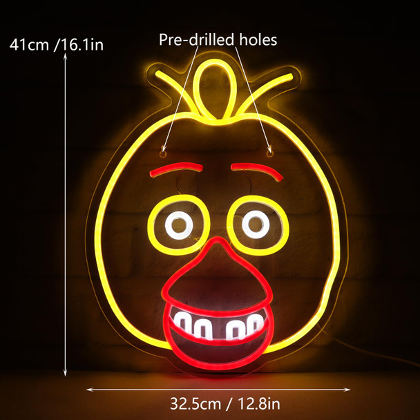 Five Nights at Freddy's Chica neon signs for wall decor，LED Neon Lights for Bedroom，birthday、Christmas s for kids 5V Power Adapter 16.1 12.8Inch