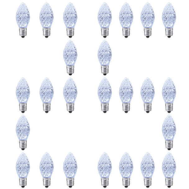 25 Pack C7 Cool White LED Replacement Christmas Light Faceted Bulbs, 0.72W, 2 SMD LEDs in Each Light Bulb, E12 Base, Commercial Grade Replacement Bulbs Dimmable Waterproof
