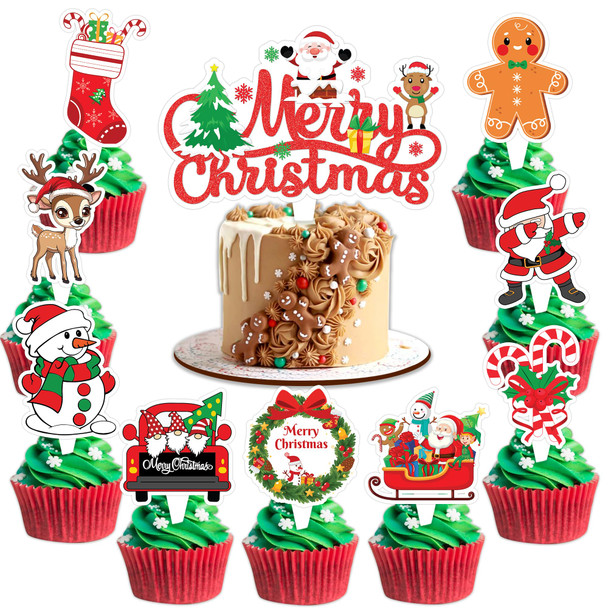 Merry Christmas Cake Topper Picks, 25PCS Xmas Snowflake Snowman Cake Toppers Cake Decorations Santa Claus Theme Birthday Party Supplies Favors Decor Centerpiece Table for Boys Girls Carnival Prizes