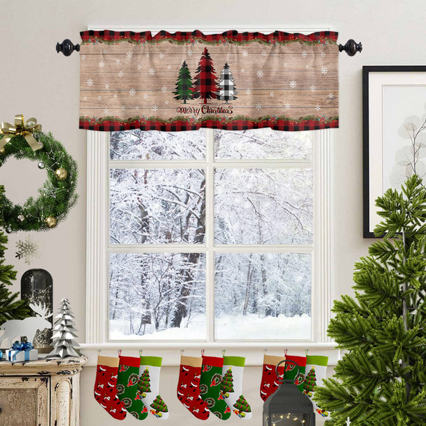 Merry Christmas Tree Valances Windows Curtain Farm Xmas Tree Kitchen Valances Rod Pocket Snowflake Red Black Buffalo Plaid Check Short Topper Curtains Winter Holiday Christmas Decor 1 Panel,54x18in