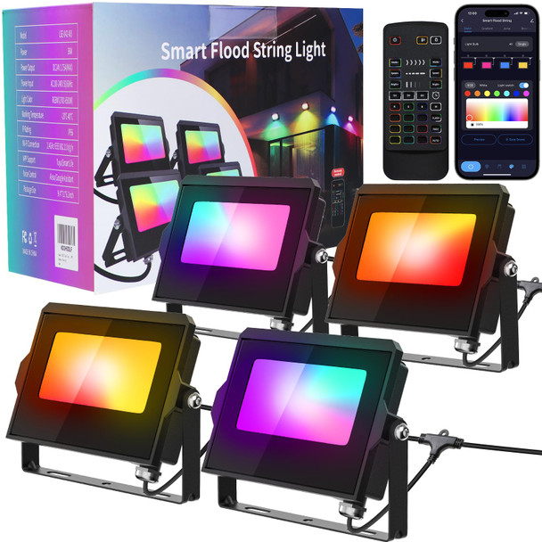 LED Flood Light Outdoor, 36W RGBCW Landscape Lighting Wired with APP & Remote Control, IP66 Color Changing Uplight Patio Lights Holiday Lights with Timer for Yard Garden Patio (4 Pack)