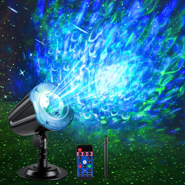 Laser Christmas Projector Lights Outdoor, Green Laser Starry Lights Show & RGBW Ocean Wave Projection Light with RF Control, Outdoor Waterproof Holiday Decor for Party Garden Halloween Year