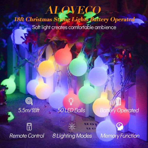 ALOVECO LED String Lights 18ft 50 LEDs Battery Operated Christmas Lights Indoor with Remote 8 Modes Waterproof Globe Outdoor Holiday Lights for Bedroom Garden Christmas Tree (Multicolor)