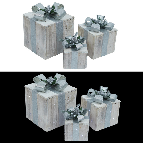 Alpine Corporation 3-Piece Wooden Box Christmas Decor with LED Lights, Silver Alpine Corporation 3-Piece Wooden Box Christmas Decor with LED Lights, Silver