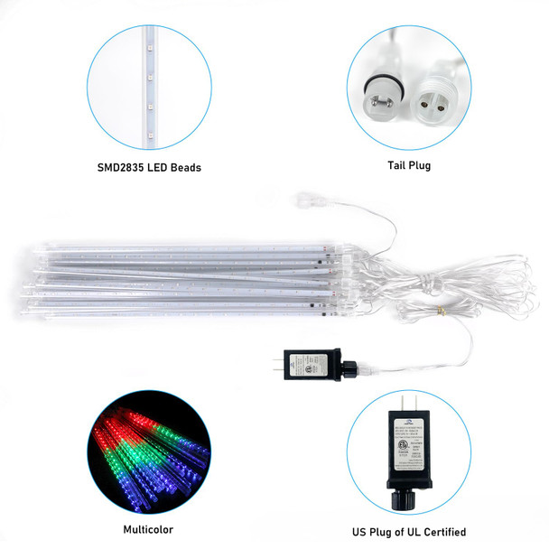 Aluan Christmas Lights Meteor Shower Lights Outdoor, 20 Tubes 16 inch 720 LED Plug in Waterproof Falling Rain Lights for Xmas Halloween Holiday Trees Yard Roof Decoration, Multicolor