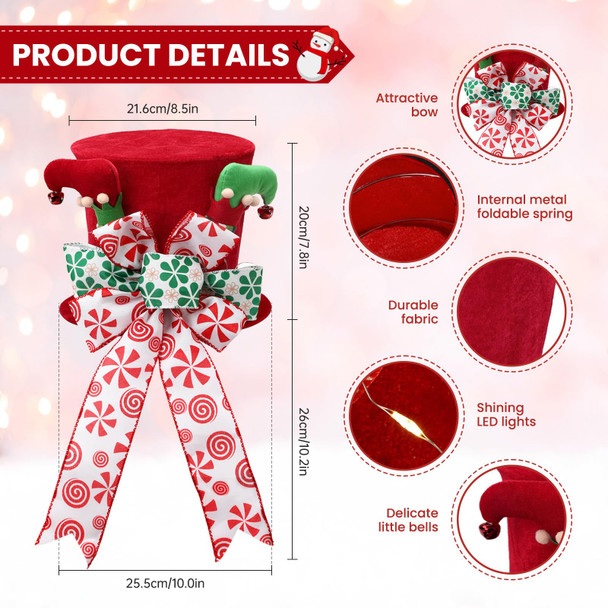 Christmas Tree Topper Hat Lighted,Large Red Velvet Hat with Elf Legs and Lengthened Bowknot, Small Bells and Light Strings,Christmas Tree and Tabletop Decorations for Holiday Home Decor