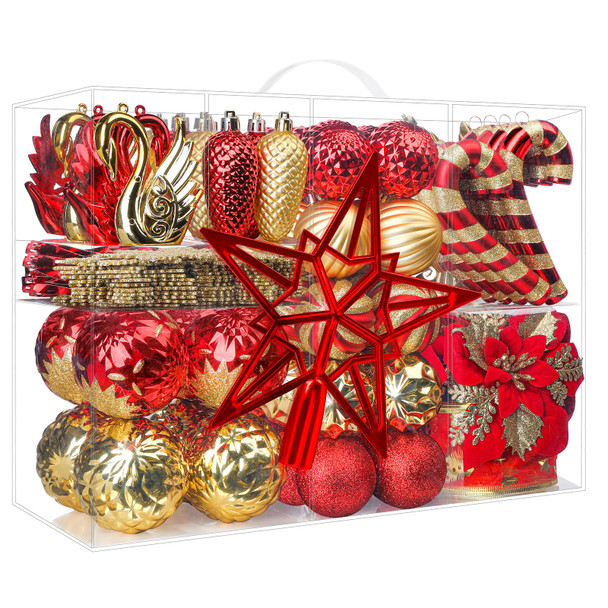 128pcs Christmas Balls Ornaments Set, Shatterproof Plastic Baubles Christmas Flowers, Ribbon and Tree Topper for Xmas Tree Holiday Wedding Party Decorations with Hanging Strings, Red and Gold