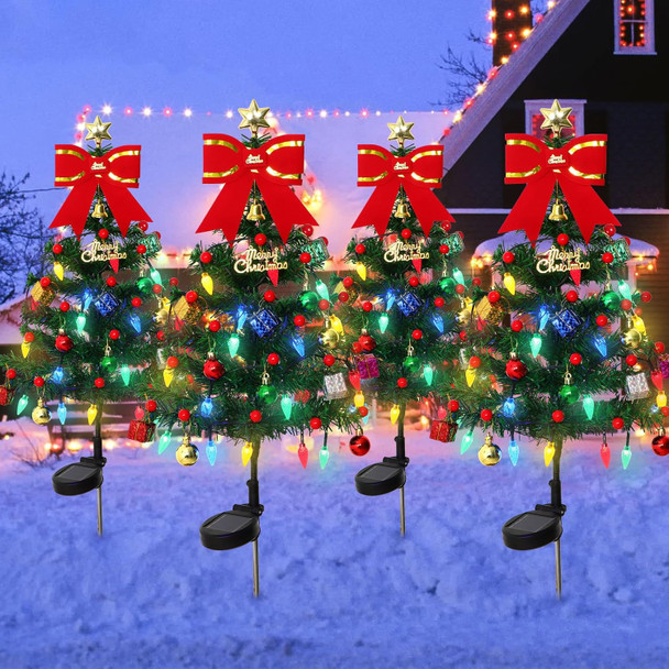 Alynsehom 4 Pack Solar Christmas Tree，33.5In Outdoor Waterproof Solar Xmas Trees With 80 Led Lights 2 Flashing Modes Holiday Decor For Porch Yard Garden Patio Cemetery Pathway