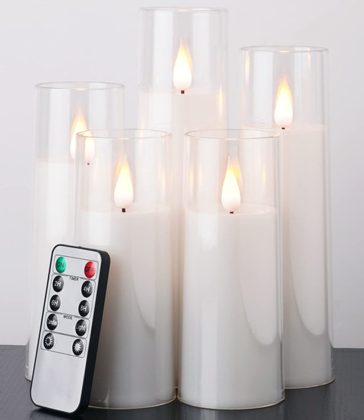 Amagic Pure White Flameless Candles, Battery Operated Candles, Acrylic Flickering LED Pillar Candles with Remote Control and Timer, 3D Wick, Yellow and Blue Glow, D2.2 xH5 5" 6" 7" 8", Set of 5