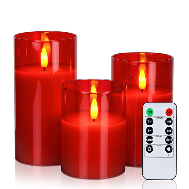 Amagic Red Glass Flameless Candles Battery Operated with Timer, Remote Control, LED Pillar Candles Battery Powered, Wax, D3 H4 5" 6", Set of 3