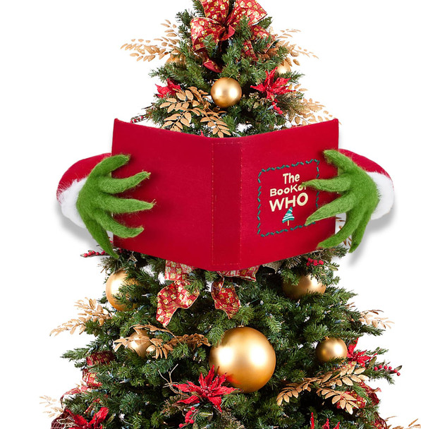 Whoville Grinnch Christmas Tree Decorations, Funnny Grinnch Reading The Book of WHO Christmas Tree Topper Ornaments Farmhouse Christmas Decor for Table Mantel Porch Holiday Party s