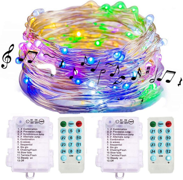 2 Pack Sound Activated Music String Lights,32.8ft 100LEDs 12 Modes Waterproof Copper Wire Multicolor AA Battery Powered String Lights with Remote Control for Bars,Parties,Christmas,Wedding Dance.
