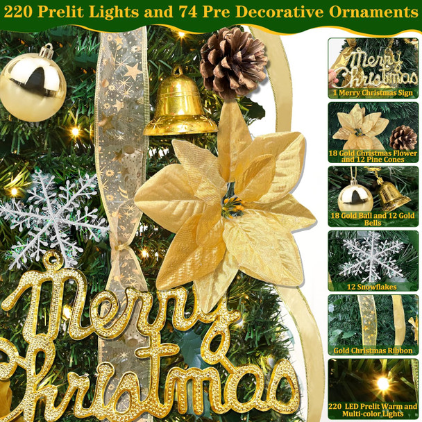 6.5Ft Prelit Fully Decorated Pop Up Christmas Tree, Dual Color Change 1 Minute Christmas Tree, 220 Warm White&Colored Lights 8 Modes Timer, 74 Ornaments&Gold Ribbon Pull Up Collapsible Xmas Tree Decor