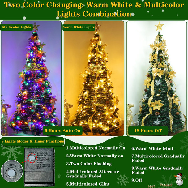 6.5Ft Prelit Fully Decorated Pop Up Christmas Tree, Dual Color Change 1 Minute Christmas Tree, 220 Warm White&Colored Lights 8 Modes Timer, 74 Ornaments&Gold Ribbon Pull Up Collapsible Xmas Tree Decor