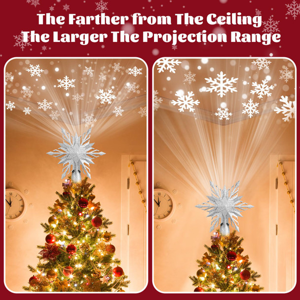 Christmas Star Tree Topper Lighted with Led Snowflake Projection, Christmas Tree Topper Star with Built-in LED Rotating 3D Projector Lights, Christmas Decoration for Family Office Indoor (Silver)