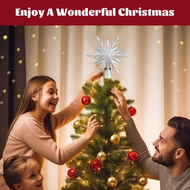 Christmas Star Tree Topper Lighted with Led Snowflake Projection, Christmas Tree Topper Star with Built-in LED Rotating 3D Projector Lights, Christmas Decoration for Family Office Indoor (Silver)