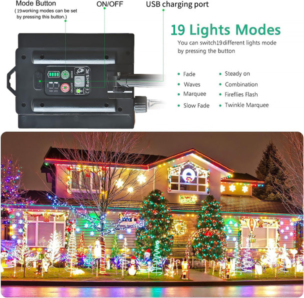 Amzxart 200ft Multicolor Outdoor Christmas Lights 600 LED 19 Mode Solar String Lights,Solar Powered Christmas Lights for Trees, Parties, Gardens, Balconies Waterproof Decorations(Color)