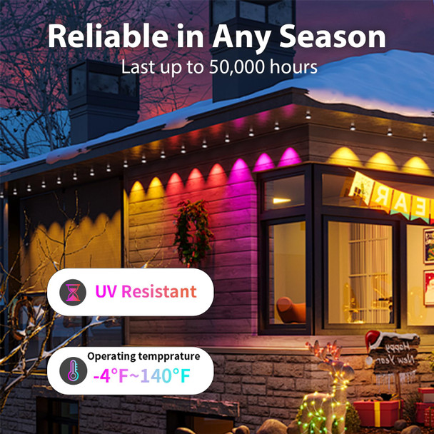 Permanent Outdoor Lights, 100ft Smart RGB with 72 LED Eaves Lights, IP67 Waterproof, 75 Scene Modes for Halloween Decorations, Christmas, and Daily Lighting—Compatible with Alexa and Google Assistant.