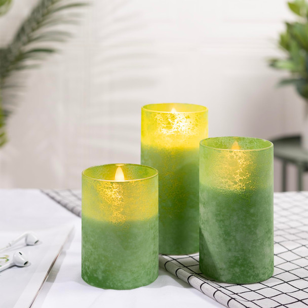 ANGELLOONG Glass LED Candles Flickering, Flameless Battery Operated Candle with Remote, Pillar Electric Timer Candles for Home Holiday Decor, Sandblast Green
