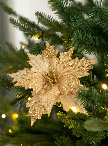 Ansho Pack of 6 Glitter Poinsettia Flower Large Artificial Christmas Flower Decoration Christmas Tree Ornaments Wreath Garland Decoration (Gold)