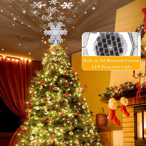 Christmas Tree Topper, 3D Rotating Silver Snowflake Pattern Projector for Xmas Tree Topper, Hollow Design Christmas Decorations, Christmas Decor