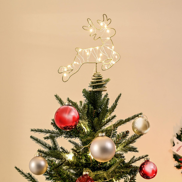 Light Up Reindeer Christmas Tree Topper, Metal Gold Glittery Elk Tree Topper with 25 LED Warm Lights, Battery Operated Cute 2D Deer for Unique Christmas Tree Decoration, Centerpiece