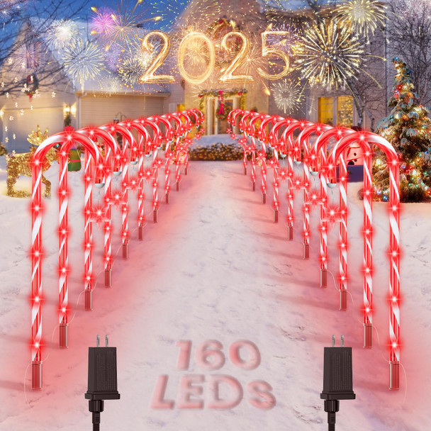 AOSEA 20 Pack Christmas Candy Cane Lights, d 160 Red LEDs Christmas Decorations Outdoor&Indoor, Christmas Light Waterproof with 8 Lighting Modes for Pathway, Yard, Walkway, Lawn, Garden Decor