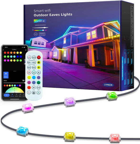 Permanent Outdoor Lights 74ft, Smart RGB+IC 60 LED Eaves Lights with 54 Scene Modes, IP65 Waterproof Outdoor LED Lights for Party, Roof, Garden, Game Day, Work with Alexa, Google Assistant