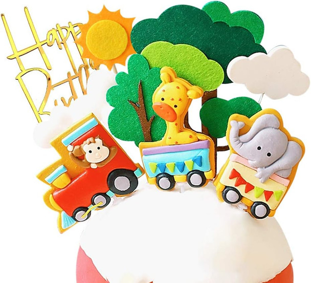 Forest Animal Train Cake Toppers - Set of 14 - Handmade Clay Monkey,Giraffe,Elephant Train, Tree, Clouds, Sun and Happy Birthdany Cake Topper