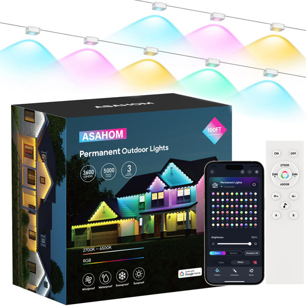 ASAHOM Permanent Outdoor Lights for House, 100ft with 60 RGBCW LED Smart Eave Lights, 3600lm Super Bright, IP67 Waterproof, 100 Scenes Modes for Halloween Christmas Party Daily Lighting, White