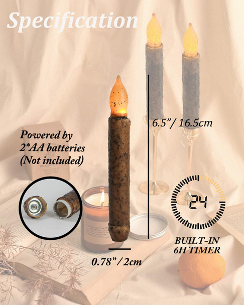 Taper Primitive Candles with Timer 6pcs Real Wax Hand Dipped Battery Operated Flameless Candles for Christmas Halloween Home Decor Church