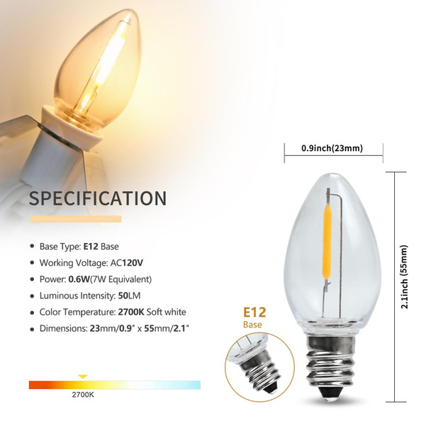 5 Base C7 String Bulbs Christmas Village Light Accessory Cord with 5 LED Light Bulb Universal Clip White Cord with On/Off Spare Fuse Switch Plugs for Decorations Christmas Village House