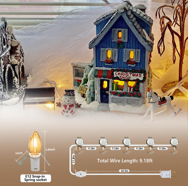 5 Base C7 String Bulbs Christmas Village Light Accessory Cord with 5 LED Light Bulb Universal Clip White Cord with On/Off Spare Fuse Switch Plugs for Decorations Christmas Village House