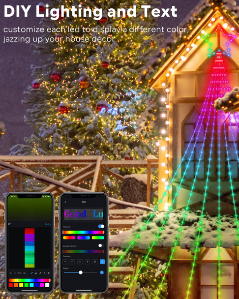 Outdoor Christmas Decorations Star Yard Lights, 12FT Smart Dynamic RGB Led Waterfall Tree Lights DIY Pattern Text App Remote Control Unique String Lights for Outside Roof Home Xmas Holiday Decor