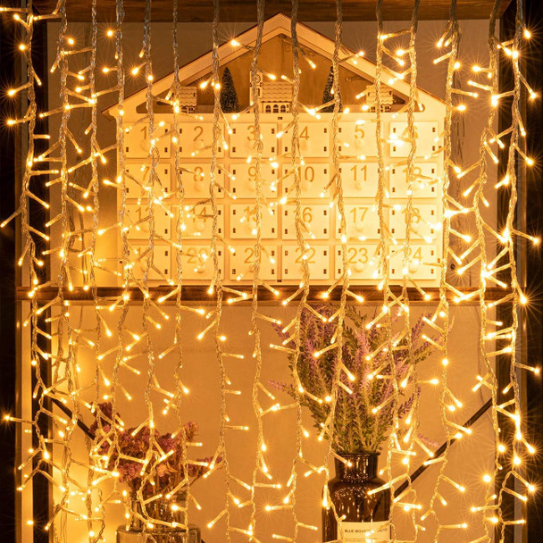 320LED 9.8ftx2.3ft Icicle Cluster String Lights 8 Lighting Modes Fairy Lights Plug in Waterproof LED Lights for Christmas Wedding Party Home Wall Outdoor Indoor Decorations(Warm White)