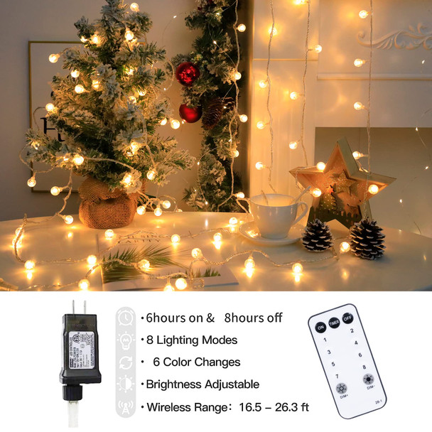 Globe String Lights 49.2 Feet 100 LED, Plug in Crystal Fairy String Lights with Remote Timer, 8 Modes Indoor Outdoor Hanging Globe Lights for Wedding Bedroom Classroom Patio Garden