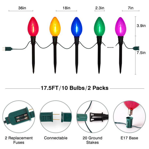 2 Packs Outdoor Christmas Decorations, Total 34 Feet 20 LED C9 Christmas Pathway Lights or Xmas String Lights, Multicolored Bulbs Waterproof Marker Lights for Yard Holiday Lawn Walkway Garden
