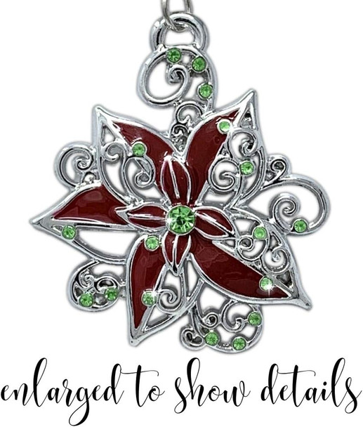 Poinsettia Christmas Ornaments - Set of 3 Silver Filigree Red and Green Jeweled Poinsettias - 2" D Poinsettia Christmas Ornaments - Set of 3 Silver Filigree Red and Green Jeweled Poinsettias - 2" D