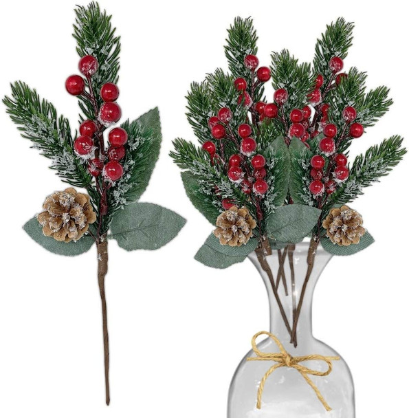 BANBERRY DESIGNS Holiday Pine Snowy Flower Picks 10 Pieces - Snow Flocked Red Holly Berry Pine Cone Floral Sprays -Decoration AMD Crafting - Measures 11" L BANBERRY DESIGNS Holiday Pine Snowy Flower Picks 10 Pieces - Snow Flocked Red Holly Berry Pine Cone Floral Sprays -Decoration AMD Crafting - Measures 11" L