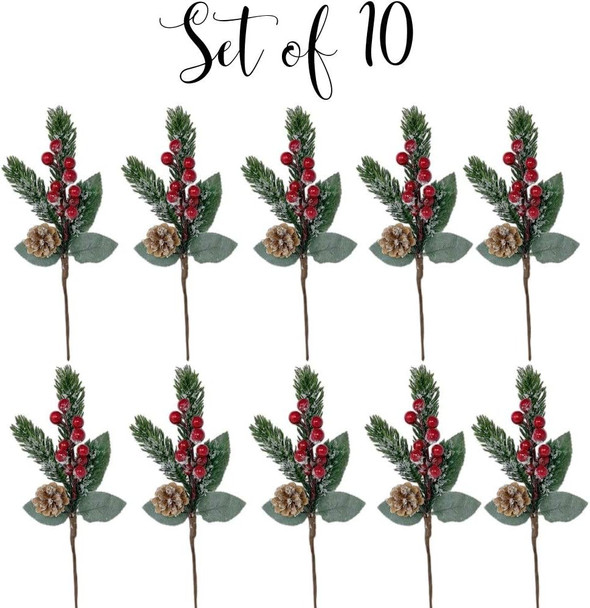 BANBERRY DESIGNS Holiday Pine Snowy Flower Picks 10 Pieces - Snow Flocked Red Holly Berry Pine Cone Floral Sprays -Decoration AMD Crafting - Measures 11" L BANBERRY DESIGNS Holiday Pine Snowy Flower Picks 10 Pieces - Snow Flocked Red Holly Berry Pine Cone Floral Sprays -Decoration AMD Crafting - Measures 11" L