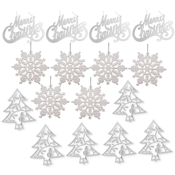 Christmas Ornament Set - 16 Pc Assorted Ornaments - Silver Glittered Plastic Tree Decorations - Merry Christmas, Tree, Snowflakes Christmas Ornament Set - 16 Pc Assorted Ornaments - Silver Glittered Plastic Tree Decorations - Merry Christmas, Tree, Snowflakes