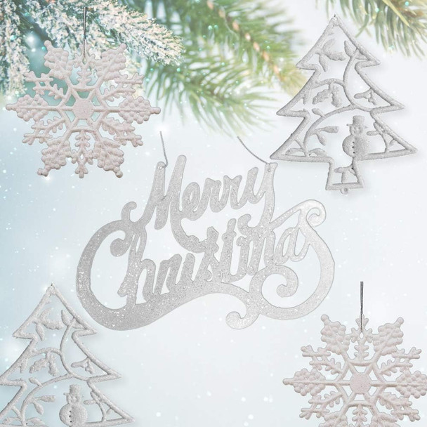 Christmas Ornament Set - 16 Pc Assorted Ornaments - Silver Glittered Plastic Tree Decorations - Merry Christmas, Tree, Snowflakes Christmas Ornament Set - 16 Pc Assorted Ornaments - Silver Glittered Plastic Tree Decorations - Merry Christmas, Tree, Snowflakes