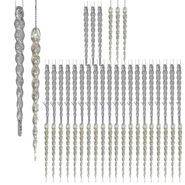 Icicle Ornaments for Christmas Tree - Set of 48 Assorted Shatterproof Icicles - 24 Glitter Silver Icicles and 24 Clear Iridescent Icicles - 5" Long Icicle Ornaments for Christmas Tree - Set of 48 Assorted Shatterproof Icicles - 24 Glitter Silver Icicles and 24 Clear Iridescent Icicles - 5" Long