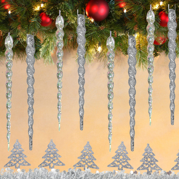 Icicle Ornaments for Christmas Tree - Set of 48 Assorted Shatterproof Icicles - 24 Glitter Silver Icicles and 24 Clear Iridescent Icicles - 5" Long Icicle Ornaments for Christmas Tree - Set of 48 Assorted Shatterproof Icicles - 24 Glitter Silver Icicles and 24 Clear Iridescent Icicles - 5" Long