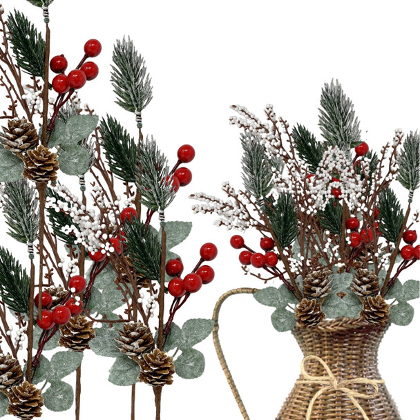 BANBERRY DESIGNS Pine Berry Christmas Picks with White Pip and Red Holly Berries - Set of 10 - Pinecone Floral Sprays with Bendable Stems - 11" H